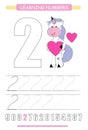 Funny children flashcard number two. Unicorn with hearts learning to count and to write. Coloring printable worksheet for kinderga Royalty Free Stock Photo